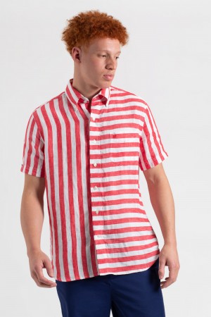 Kosele Ben Sherman B by Ben Sherman Candy Stripe Linen Short Sleeve Ruzove Červené | WZPJS4723